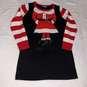 Kela Mrs. Claus Hanging Legs/Bell Women's Size M Long Ugly Christmas Sweater